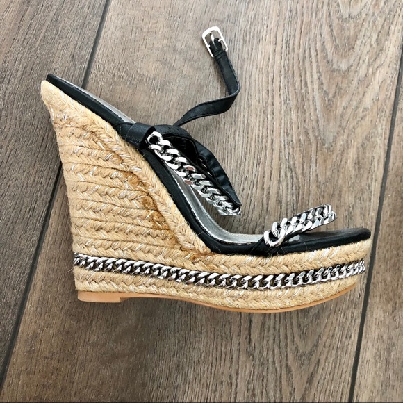 Rare BEBE Black Thea Chain Espadrille Wedges - Picture 2 of 12